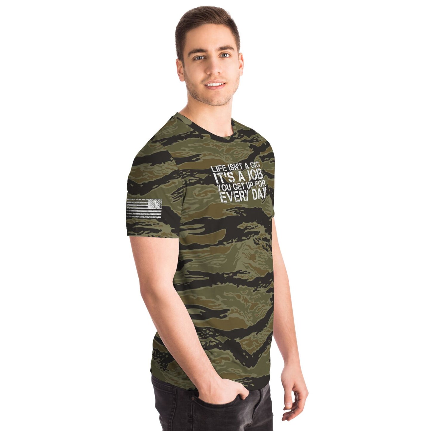 DISOBEY Camotivational "Life Isn't a Gig" Tigerstripe Camo Shirt