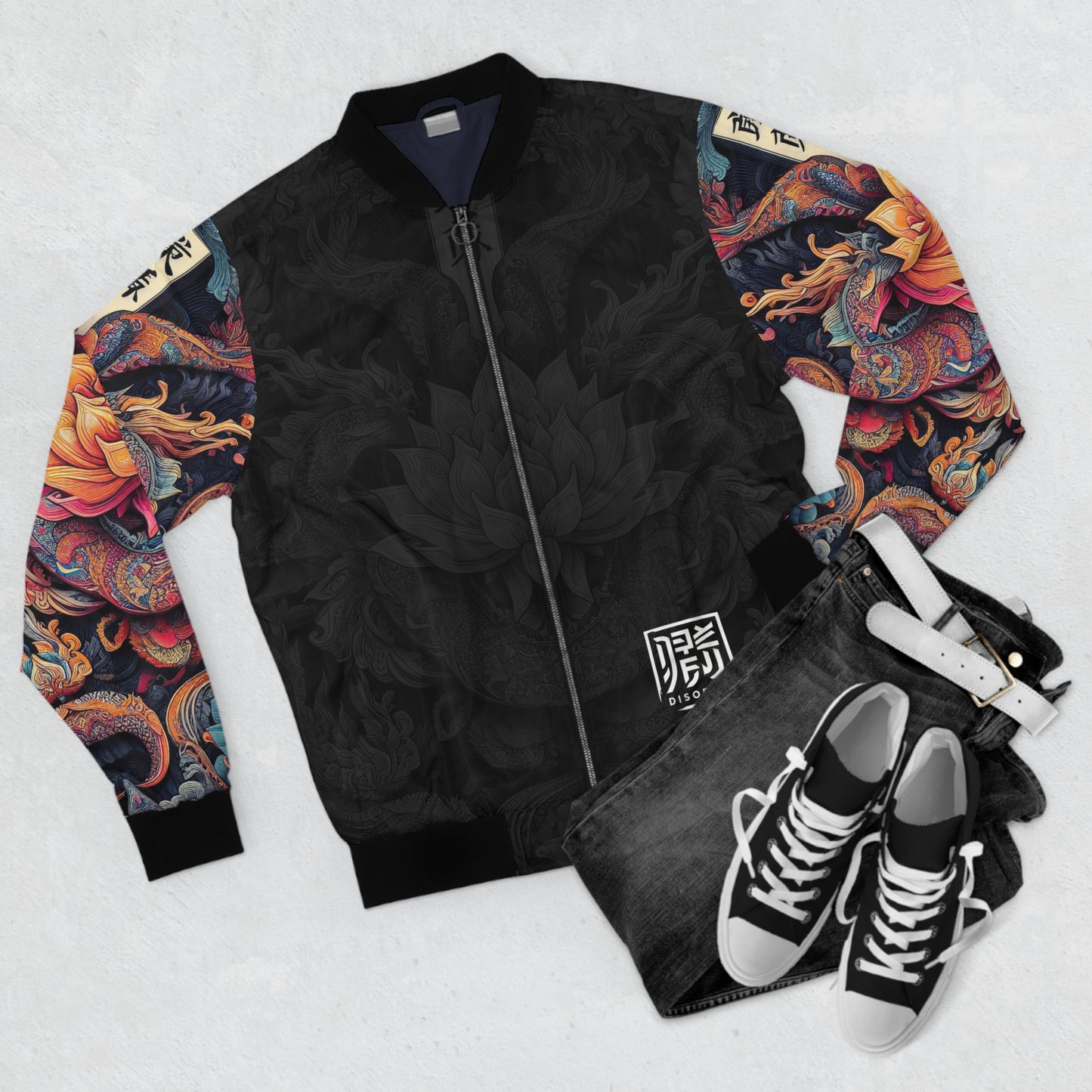 DISOBEY Men's Bomber Jacket (LOTUSFACE BLACK)