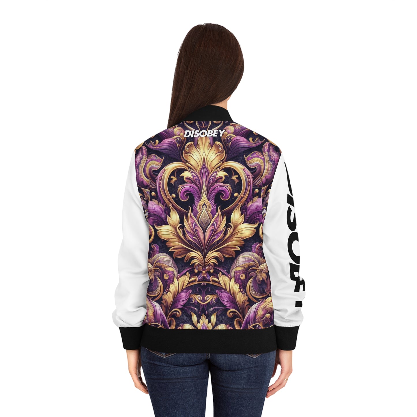 DISOBEY Women's Bomber Jacket (PURPLE TREASURE WHITE SLEEVES)