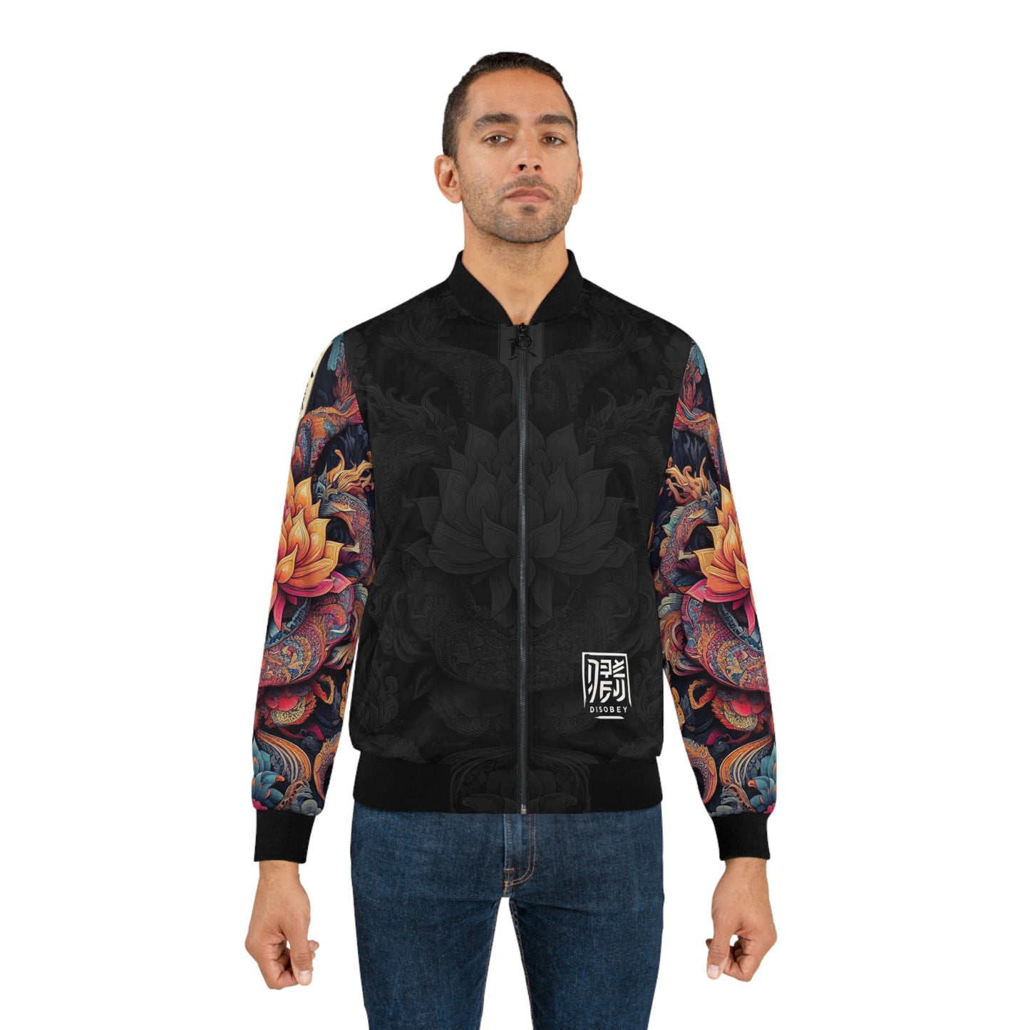 DISOBEY Men's Bomber Jacket (LOTUSFACE BLACK)