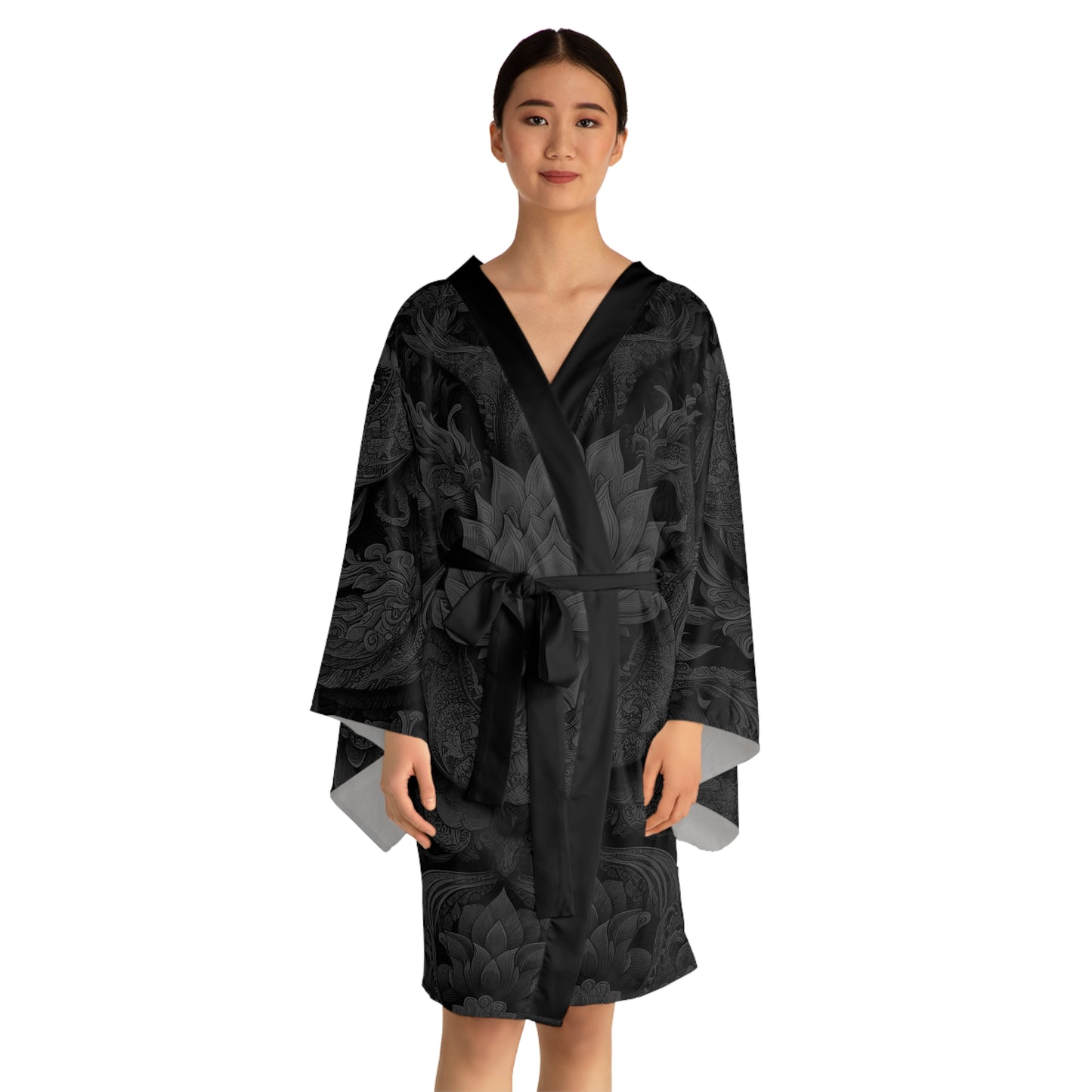 Long Sleeve Kimono Robe (LOTUSFACE BLACK)