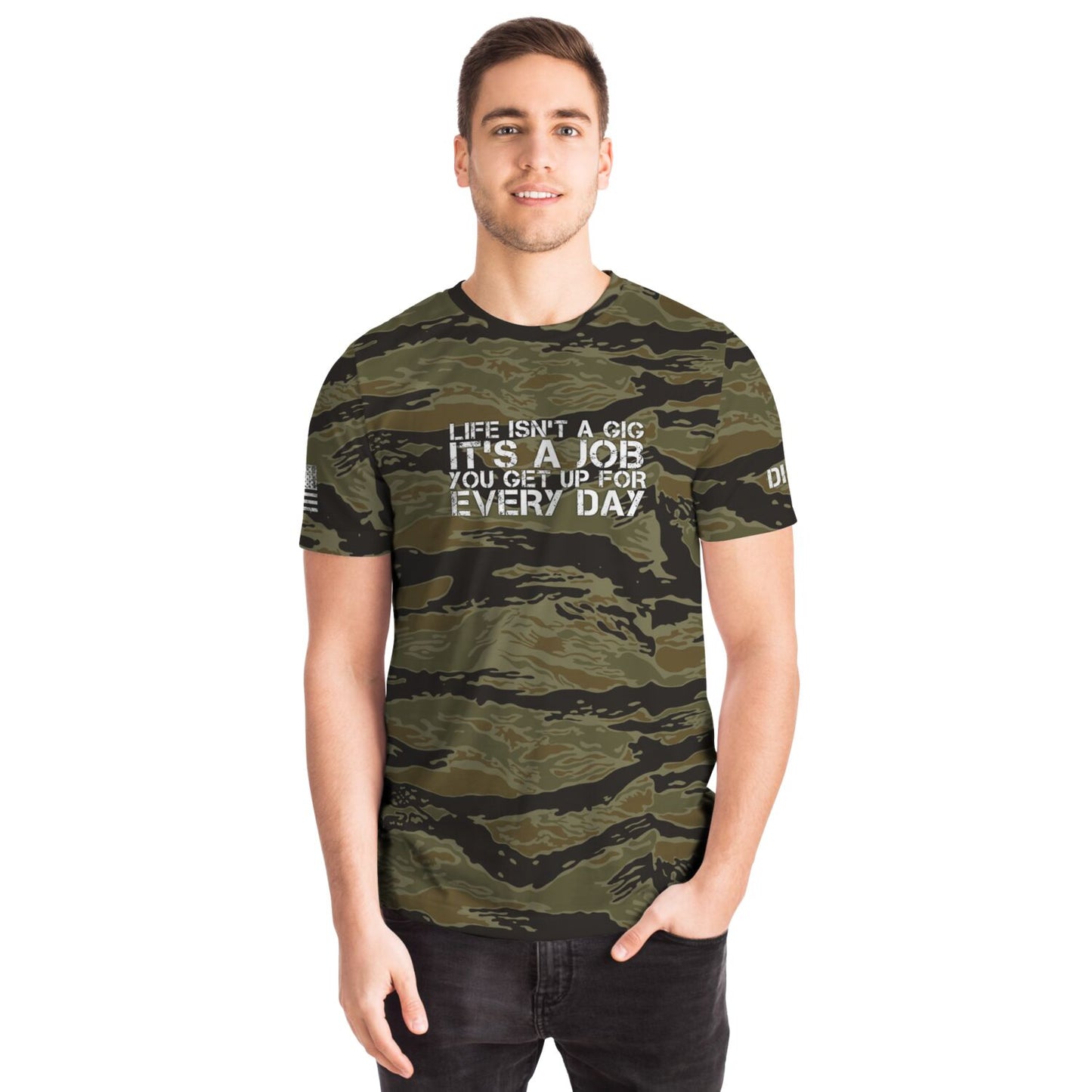 DISOBEY Camotivational "Life Isn't a Gig" Tigerstripe Camo Shirt