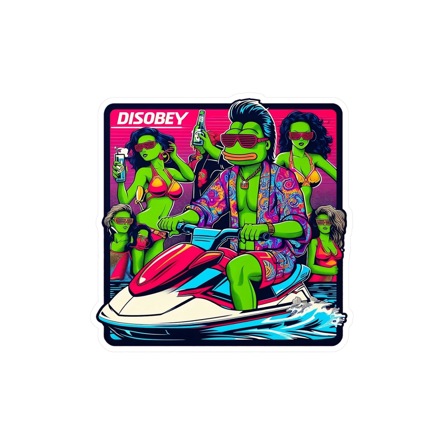 DISOBEY Retro Vinyl Large Decal (Jet Ski Mullet Frog)