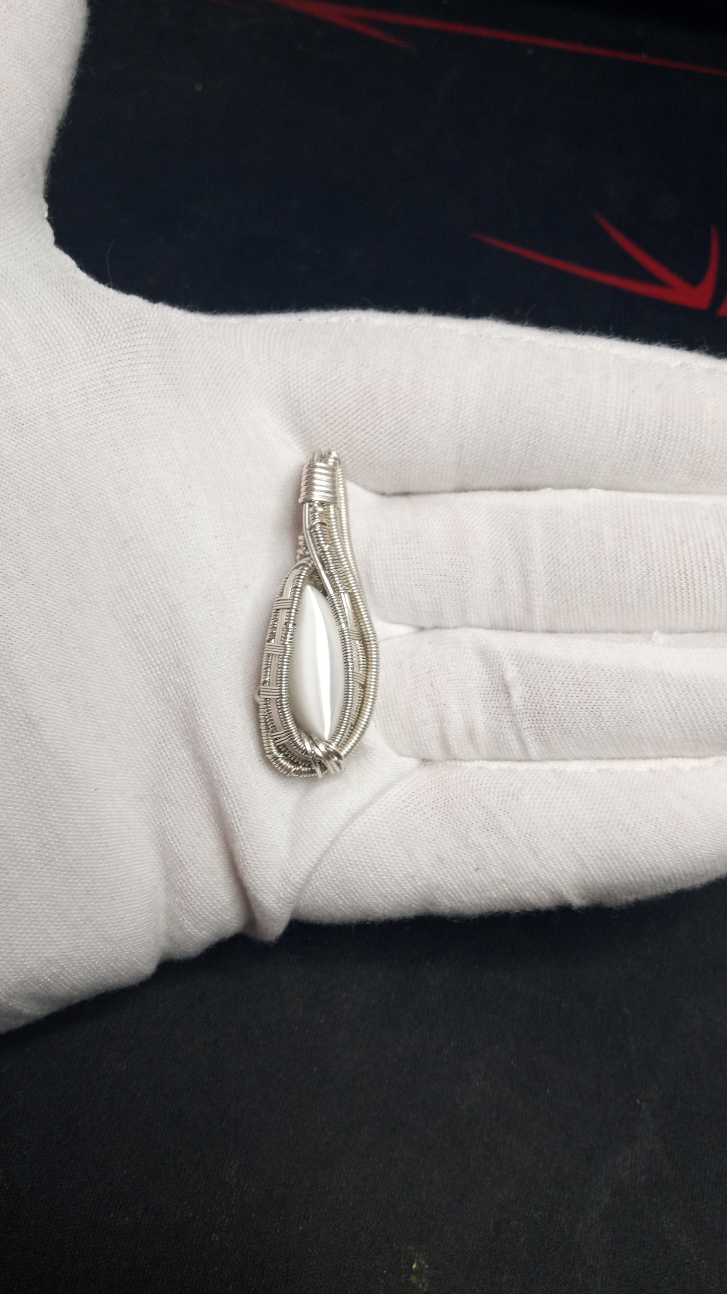 (SOLD) White Cat's Eye Wire Wrapped Pendant "MOON CAT"