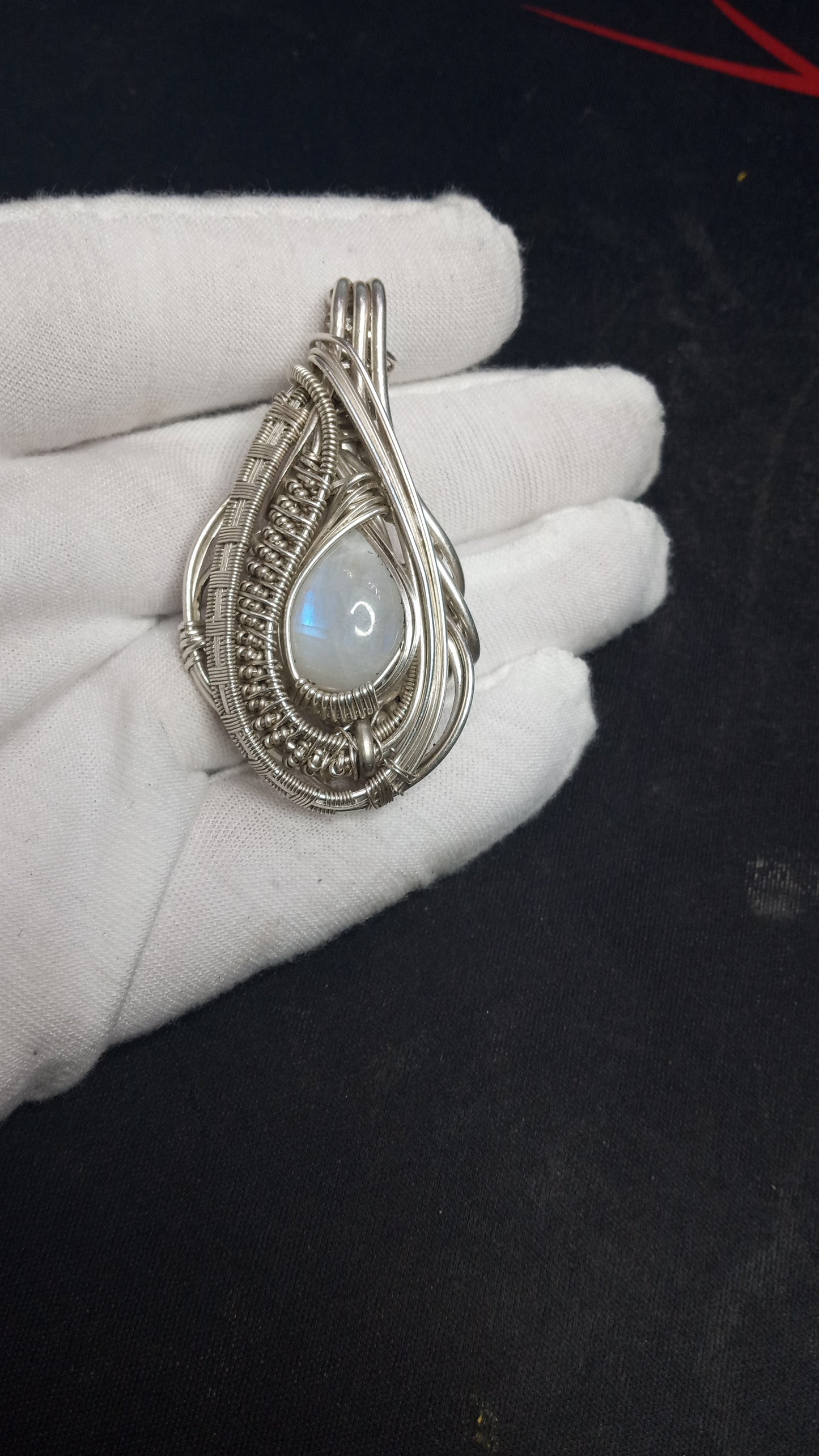 (SOLD) Rainbow Moonstone Wire Wrapped Pendant "THE EYE OF THE SAHARA"