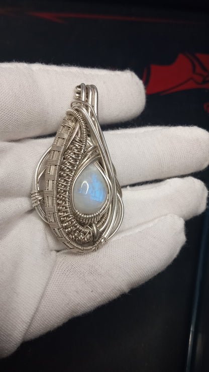 (SOLD) Rainbow Moonstone Wire Wrapped Pendant "THE EYE OF THE SAHARA"