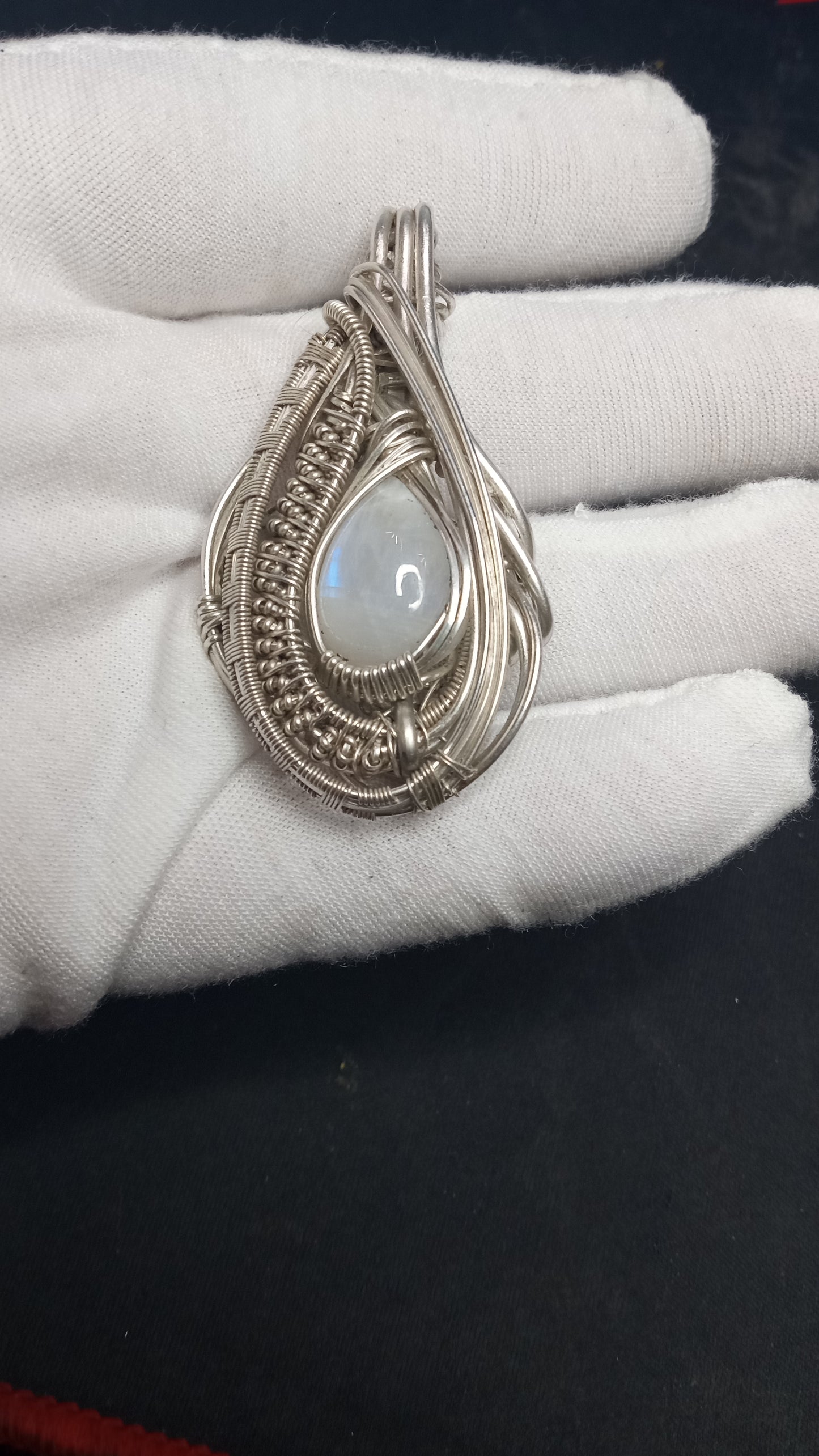 (SOLD) Rainbow Moonstone Wire Wrapped Pendant "THE EYE OF THE SAHARA"