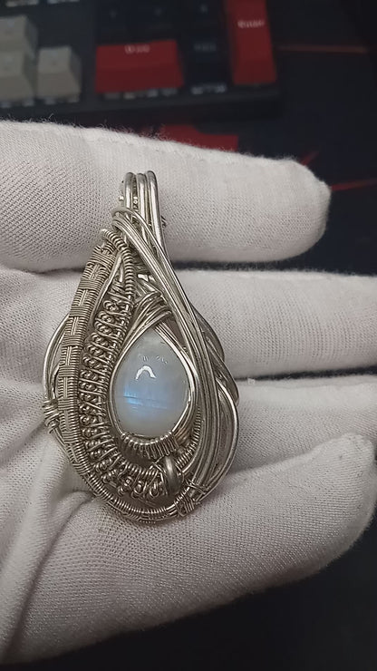 (SOLD) Rainbow Moonstone Wire Wrapped Pendant "THE EYE OF THE SAHARA"